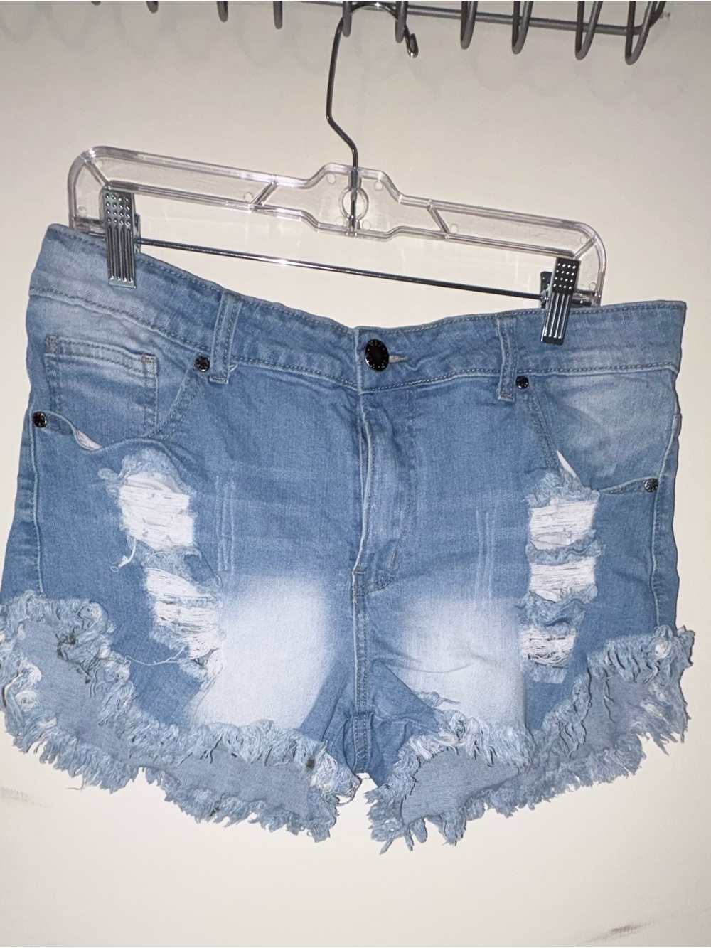 VIP Light Blue Distressed Denim Jean Shorts with Frayed Ruffle Hem
